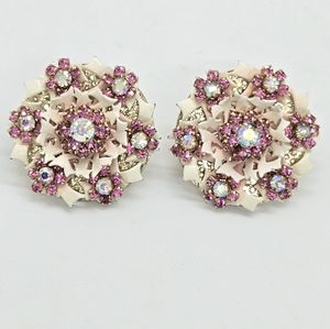 Vintage 1960's rhinestone & White and Pink enamel clip on earrings